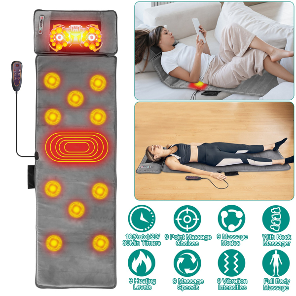 Full Body Massage Mat with Heat 10 Neck Shiatsu Kneading Massage Heads, Multifunctional Electric Heated Massage Chair Back Pad for Back Lumbar Leg Pain Relief（No shipments on weekends）