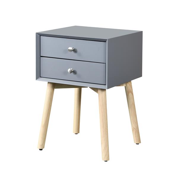 Side Table,Bedside Table with 2 Drawers and Rubber Wood Legs, Mid-Century Modern Storage Cabinet for Bedroom Living Room, Gray