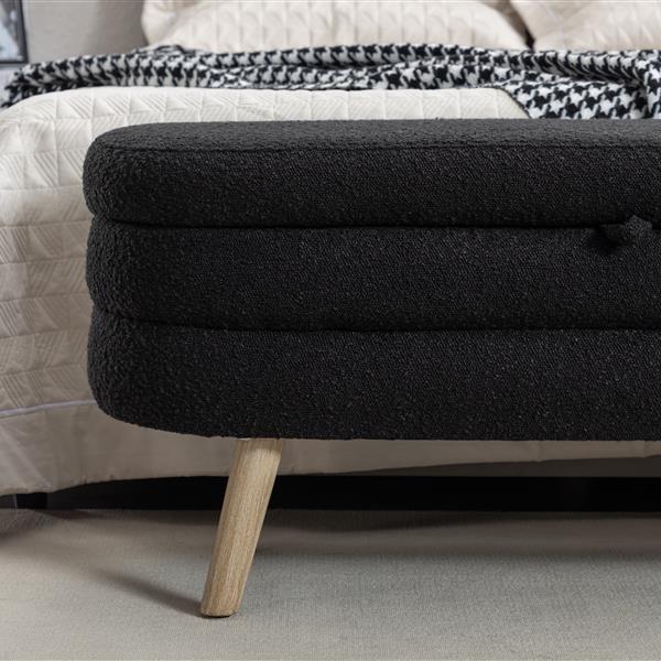 036-Boucle Fabric Storage Bench Bedroom Bench With Wood Legs For Living Room Bedroom Indoor,Black