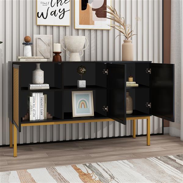 Large Storage Space Sideboard with Artificial Rattan Door and Rebound Device for Living Room and Entryway (Black)