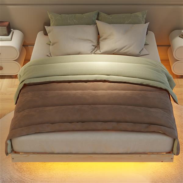 Full Size Floating Bed with LED Lights Underneath,Modern Full Size Low Profile Platform Bed with LED Lights,Natural