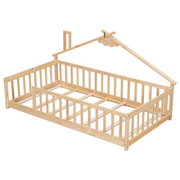 Twin House-Shaped Bedside Floor Bed with Guardrails, Slats, without Door ,Natural