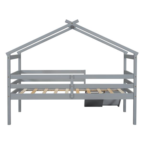 Twin Low Loft House Bed with Slide,  Ladder, Safety Guardrails, House Roof Frame,Grey