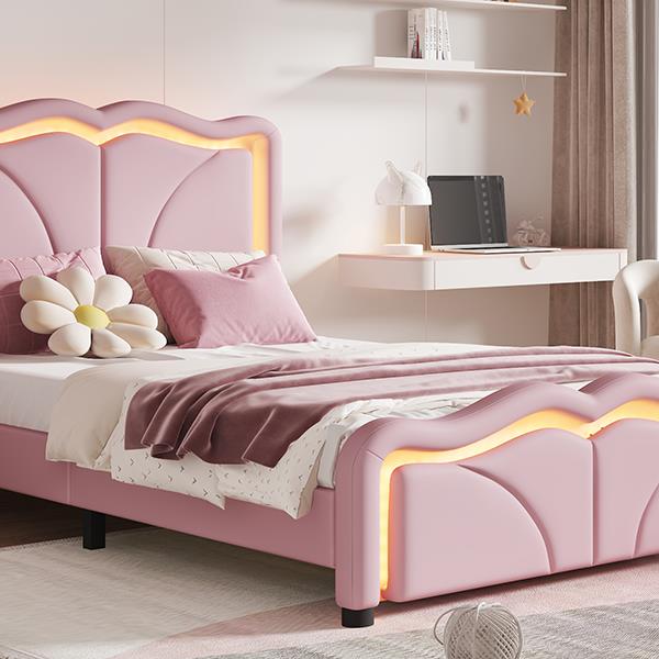 Twin Size Upholstered Platform Bed with Curve Shaped and Height-adjustbale Headboard,LED Light Strips,Pink