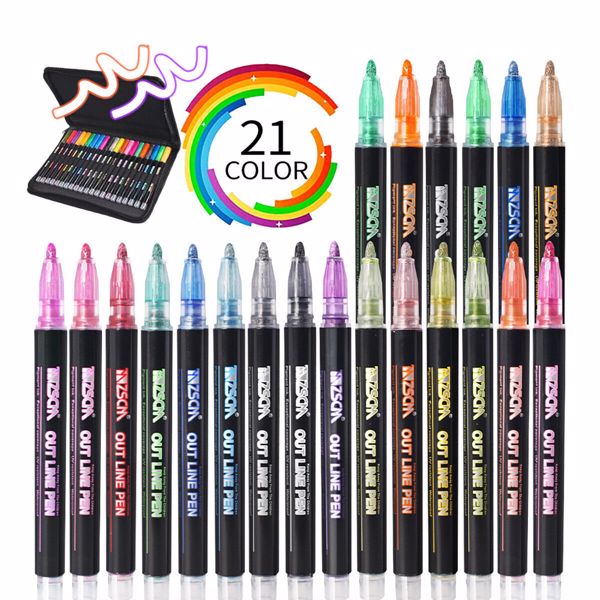 Drawing Marker Pens Double Line Outline Pens 21 Color Self Outline Metallic.