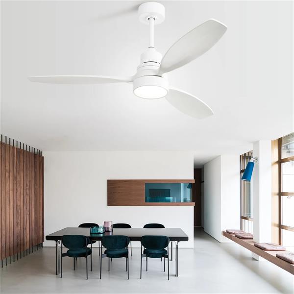 52 Inch Wooden Ceiling Fan White 3 Solid Wood Blades Remote Control Reversible DC Motor With Led Light