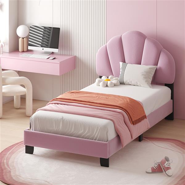 Twin Size Upholstered Velvet Platform Bed with Shell-Shaped Headboard, Pink