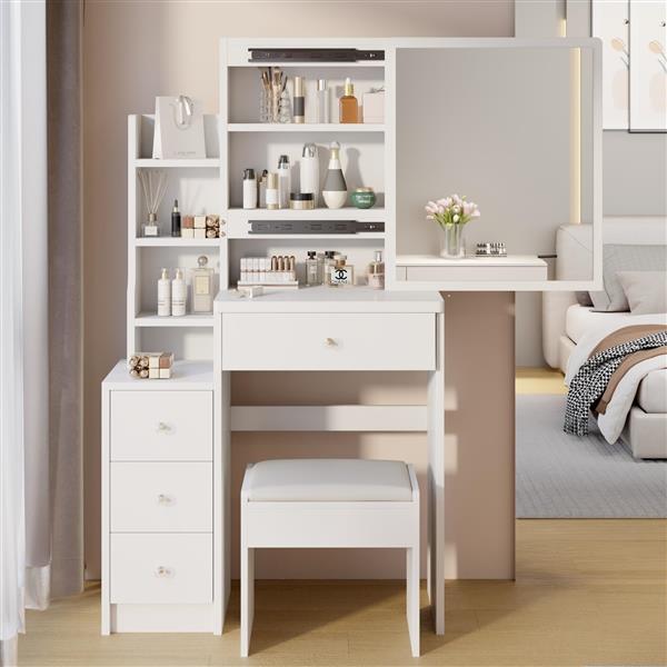 Small Space Left Bedside Cabinet Vanity Table + Cushioned Stool, Extra Large Right sliding mirror, Multi Layer High Capacity Storage, Practical Fashionable Dresser, Suitable for Girls Up to 5.6ft Tall