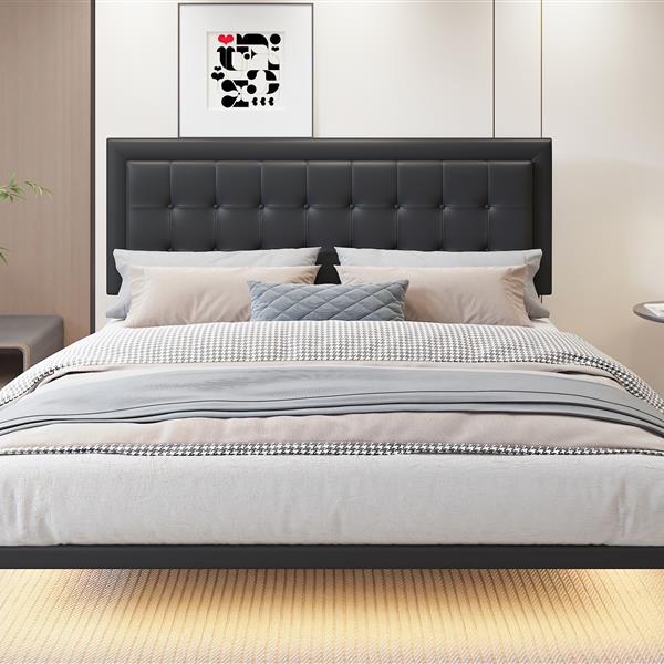 Queen Size Floating Bed Frame with Motion Activated Night Lights,Modern PU Upholstered Button Tufted Platform Bed Frame,Black