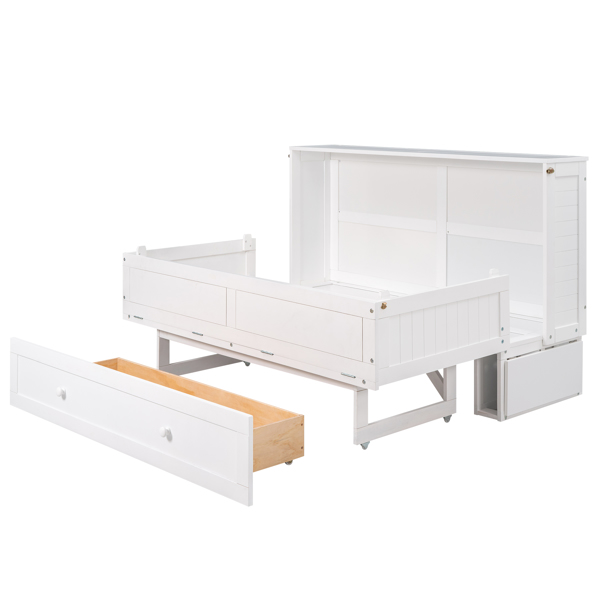 Queen Size Mobile Murphy Bed with Drawer and Little Shelves on Each Side,White 