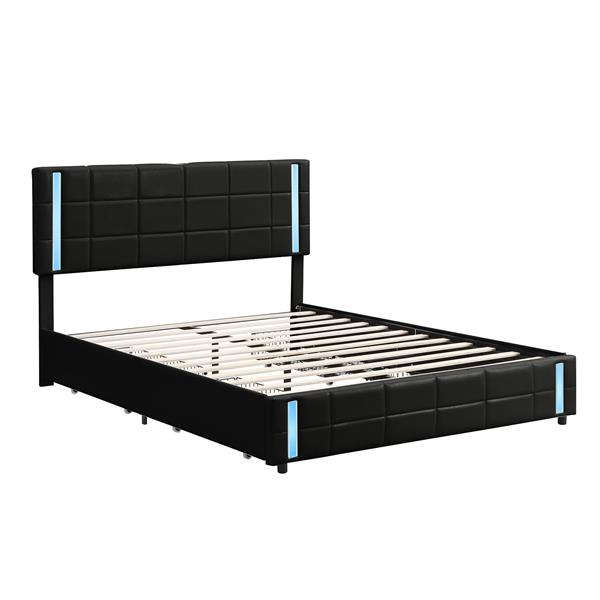 Queen Size Upholstered Platform Bed with LED Lights and USB Charging, Storage Bed with 4 Drawers, Black