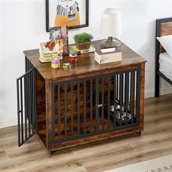 Furniture Style Dog Crate Side Table With Feeding Bowl, Wheels, Three Doors, Flip-Up Top Opening. Indoor, Rustic Brown, 43.7"W x 30"D x 33.7"H