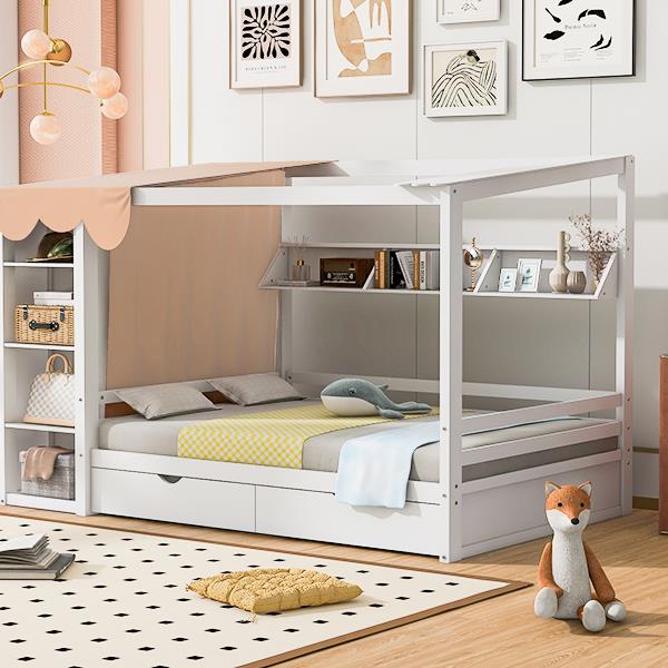 Full size House Bed with Two Drawers and Wardrobe,White