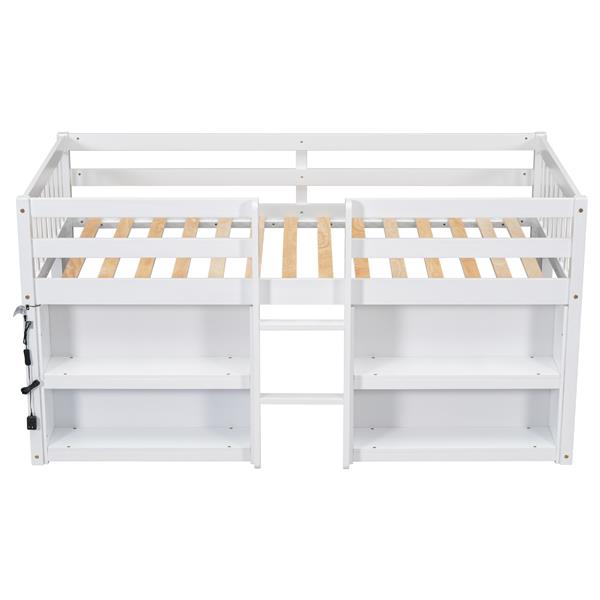 Twin Size Kid Low Loft Bed With Two-Tier Shelves And LED Light For White Color