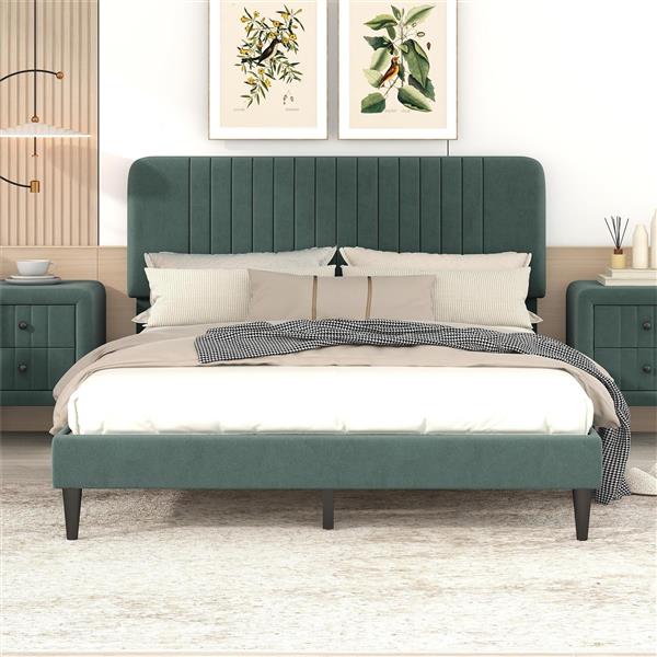 Queen Size Upholstered Platform Bed,No Box Spring Needed, Velvet Fabric,Green