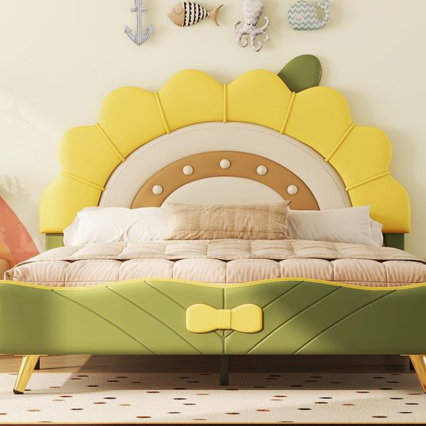 Full Size Upholstered Platform Bed with Sunflower Shaped Headboard, Green