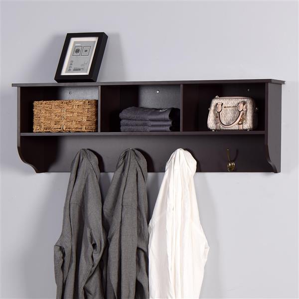 Espresso Entryway Wall Mounted Coat Rack with 4 Dual Hooks Living Room Wooden Storage Shelf