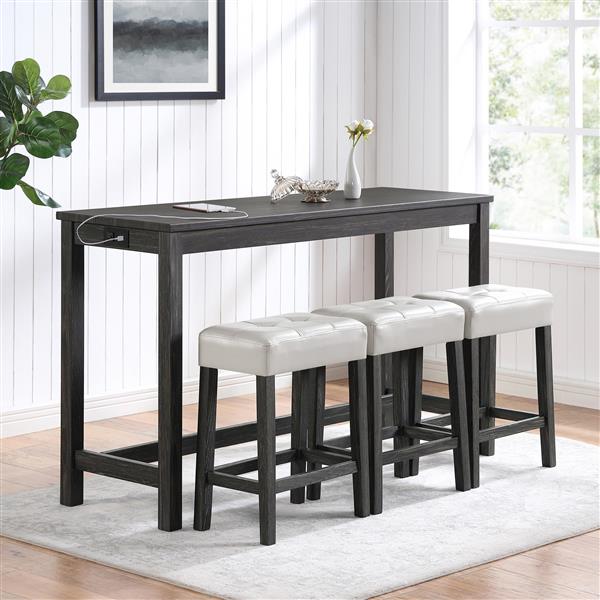 Bar Table Set with Power Outlet, Bar Table and Chairs Set, 4 Piece Dining Table Set, Industrial Breakfast Table Set, for Living Room, Dining Room, Game Room