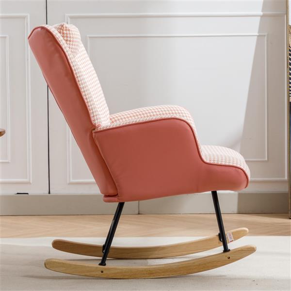 35.5 inch Rocking Chair, Soft Houndstooth Fabric Leather Fabric Rocking Chair for Nursery, Comfy Wingback Glider Rocker with Safe Solid Wood Base for Living Room Bedroom Balcony (pink)