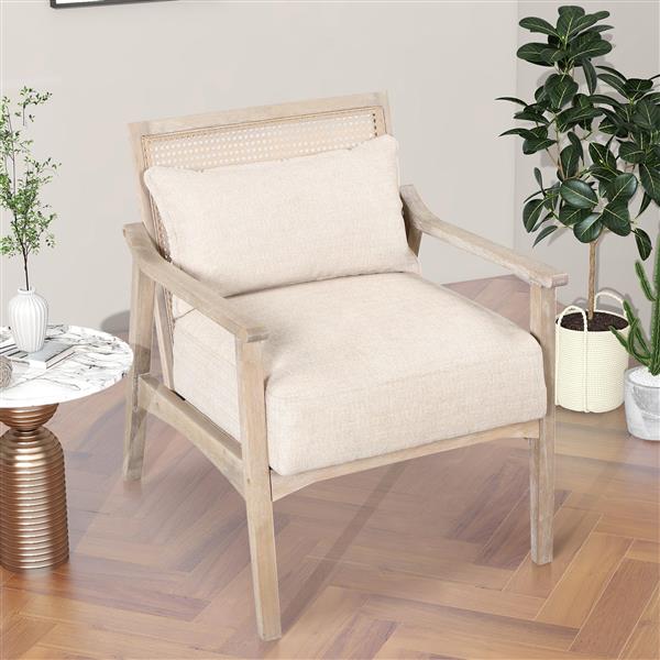 Mid-Century Chair Arm Chair with Lumbar Pillow,Retro Round Rattan Back Upholstered Chair for Living Room, Bedroom, Belcony, Natural