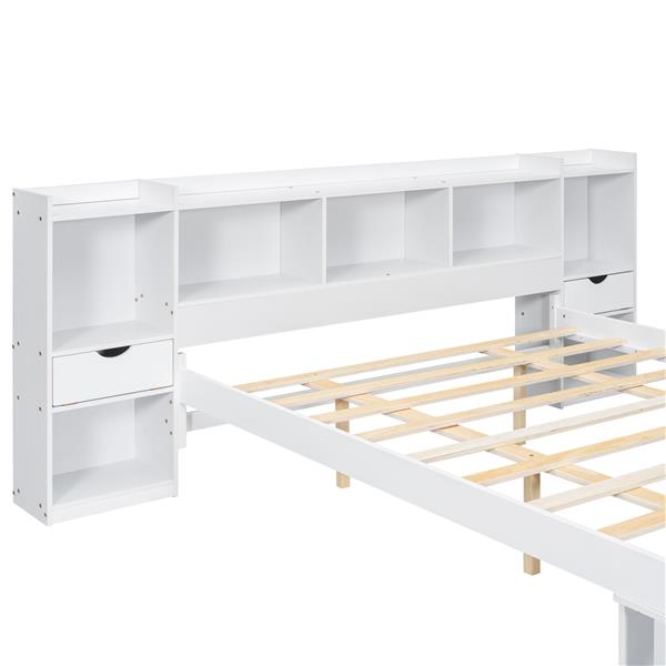 Queen Size Wood Platform Bed with Multi-storage Headboard and a Drawer, White(Expected Arrival Time: 6.16)