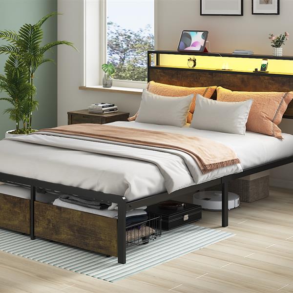 Full Bed Frame with LED Lights and Charging Station - Robust Metal  Wood Construction, Rustic Wood Platform Bed Frame with 2 Drawers, No Box Spring Needed, Noise Free, Vintage Brown, Easy Assemble