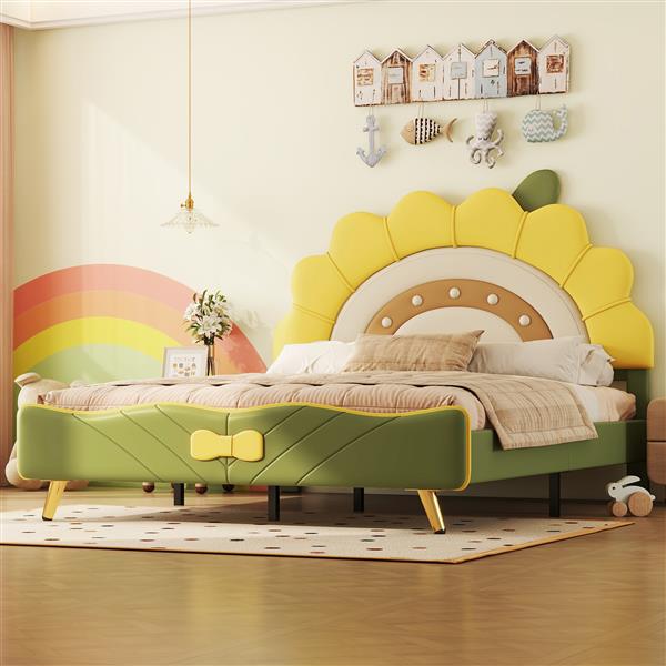 Full Size Upholstered Platform Bed with Sunflower Shaped Headboard, Green