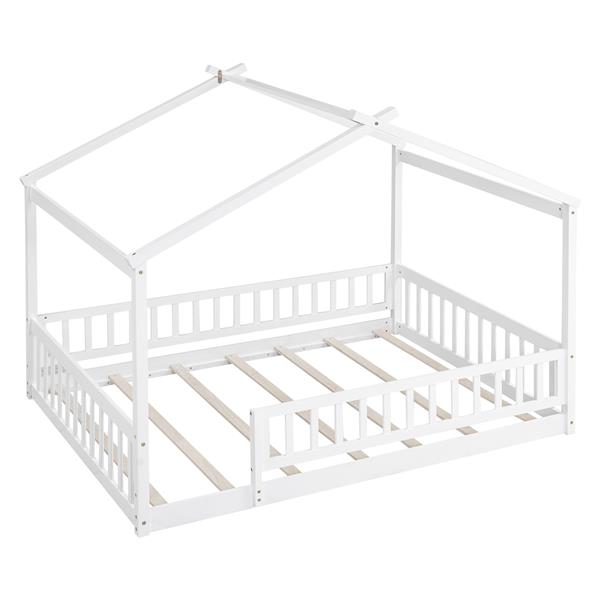 Full Size Wood Bed House Bed Frame with Fence, for Kids, Teens, Girls, Boys,White