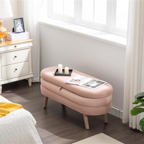 036-Velvet Fabric Storage Bench Bedroom Bench With Wood Legs For Living Room Bedroom Indoor,Light Pink