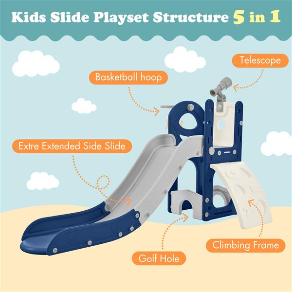 Kids Slide Playset Structure 5 in 1,   Spaceship Set with Slide, Telescope and Basketball Hoop, Golf Holes for Toddlers, Kids Climbers Playground