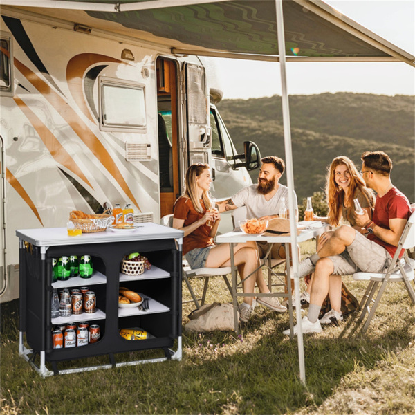 Black Camping Kitchen Table with Storage Shelves