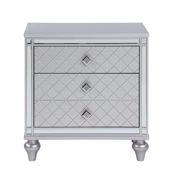 Contemporary Nightstands with mirror frame accents, Bedside Table with two drawers and one hidden drawer, End Table with Crystal Pull for Living Room,Bedroom, Silver