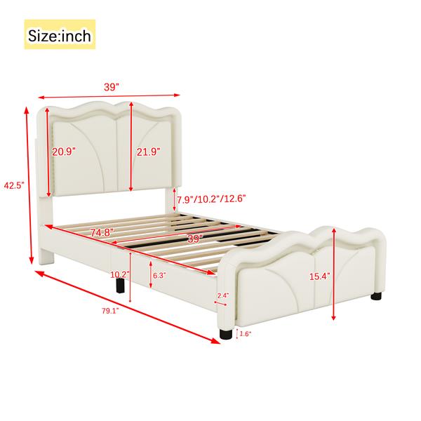 Twin Size Upholstered Platform Bed with Curve Shaped and Height-adjustbale Headboard,LED Light Strips,White