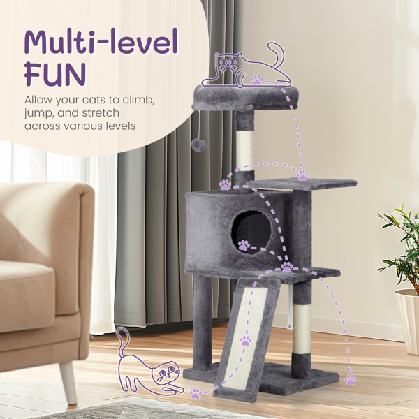 47 inch Cat Tree Cat Tower for Indoor Cats, Cat House with Padded Platform Bed, Toy Ball, Large Cozy Condo, Scratch Board and Sisal Scratching Posts, Dark Grey