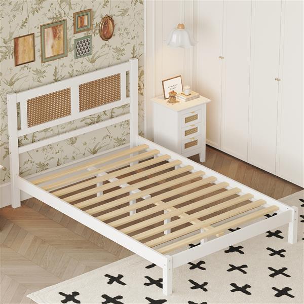 Full Size Wooden Platform Bed with Natural Rattan Headboard, Exquisite Elegance with Minimalist Charm for Bedroom, White