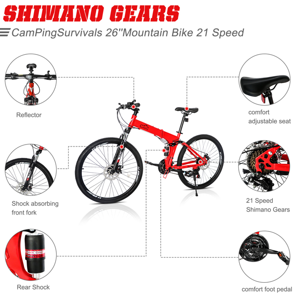 CamPingSurvivals 26in Land Rover Shimano TX30 High Carbon Steel 100kg 21 Speed ​​Red Black Mountain Bike