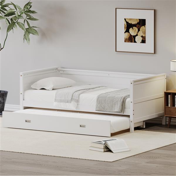 Twin Size Solid Wood Daybed with Trundle for Kids Teens Dorm Bedroom Multipurpose Guest Room or Home, White