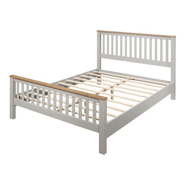 Country Style Concise Gray Solid Platform Bed with Oak Top, No Box Spring Needed,Queen