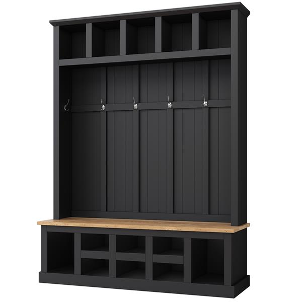 Farmhouse Wooden Style 78''H Modern Hall Tree with Wide Storage Seating Bench, Entryway Shoe Cabinet with 13 Compartments, Elegant Coat Rack with 6 Hooks for Mudroom, Living room, Black