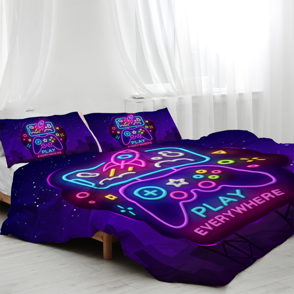 3Pcs Trippy Neon Gamepad Duvet Cover Set Twin for Gamer Soft Bedding Set