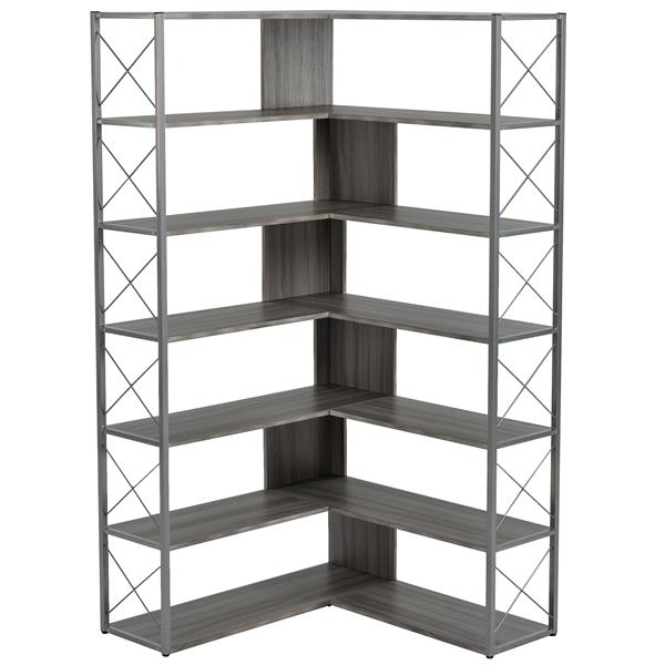 Silver+Grey 7-Tier Bookcase Home Office Bookshelf,  L-Shaped Corner Bookcase with Metal Frame, Industrial Style Shelf with Open Storage, MDF Board