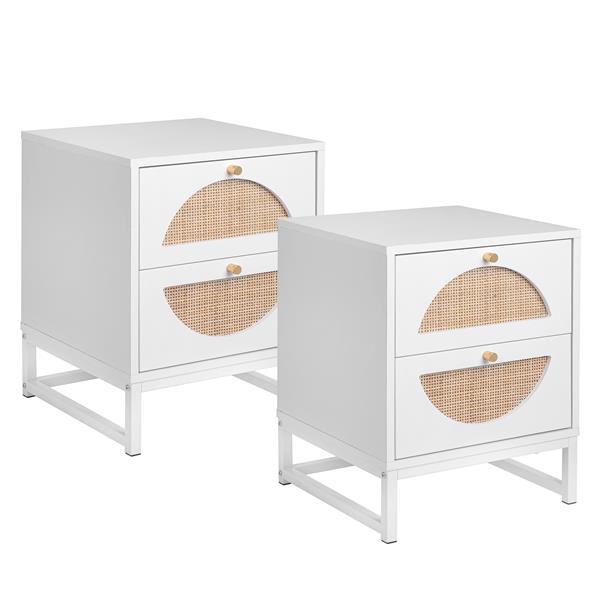 2 Drawer Nightstand Set of 2, White, Natural Rattan, Display Rack for Bedroom and Living Room