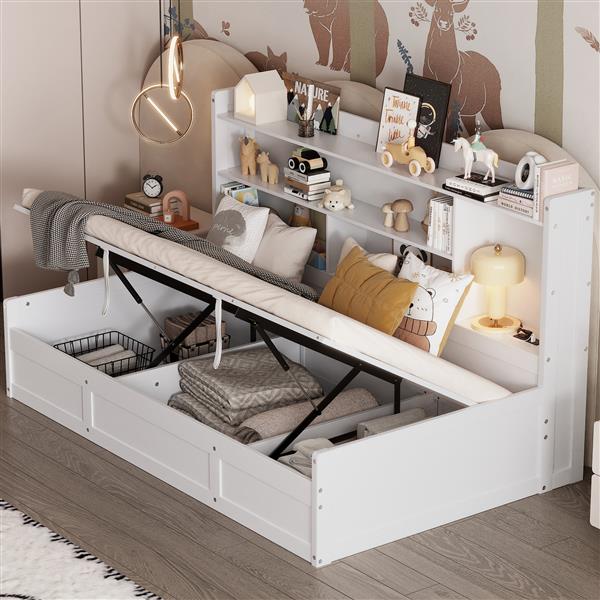 Twin Size Daybed Frame with Storage Bookcases and Underneath Storage, USB Charging Station, White