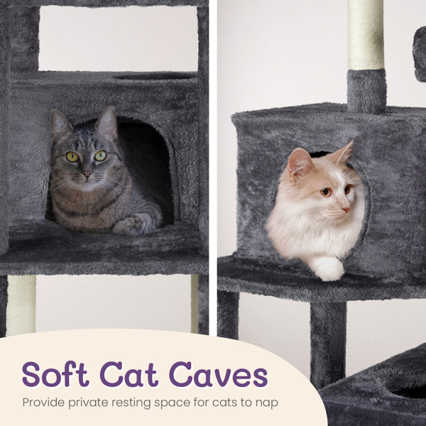 65 inch Cat Tree Cat Tower for Indoor Cats, Large Multi-Level Cat Play House Condo Furniture with Padded Platform Beds, Large Cozy Condos, Sisal Scratching Posts, Toy Balls and Cat Play Tunnel, Dark G