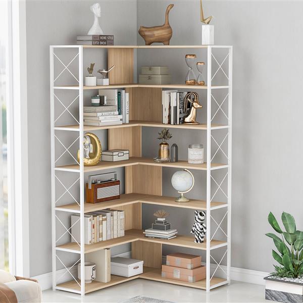 7-Tier Bookcase Home Office Bookshelf,  L-Shaped Corner Bookcase with Metal Frame, Industrial Style Shelf with Open Storage, MDF Board