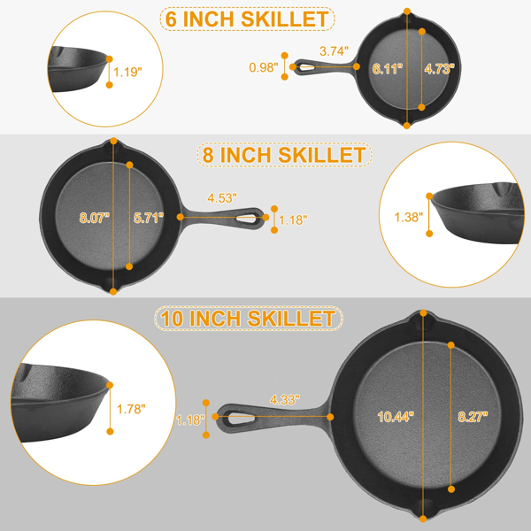 3 Skillet Bundle 6 inches and 8 inches with 10 inch Set of 3 Cast Iron Frying Pans Non-Stick Oven Safe Cookware Heat-Resistant Frying Pan（No shipments on weekends）