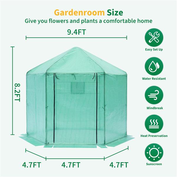 Walk-in Greenhouse Hexanal Upgrade Reinforced Frame Heavy Duty Plastic Greenhouse Reinforced Thickened Waterproof Insulation(9.2*8.1 ft)