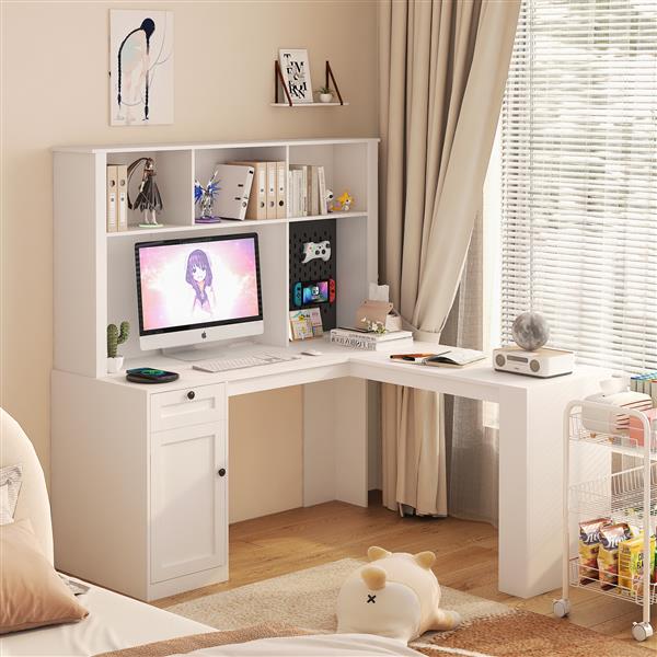 L Shaped Desk with outlet, Computer Desk with Drawers, Bookshelf & Hutch, Modern Corner Desk, Home Office Desk,L-Shaped Study Table Writing Desk,Corner Gaming Computer Desk with Storage