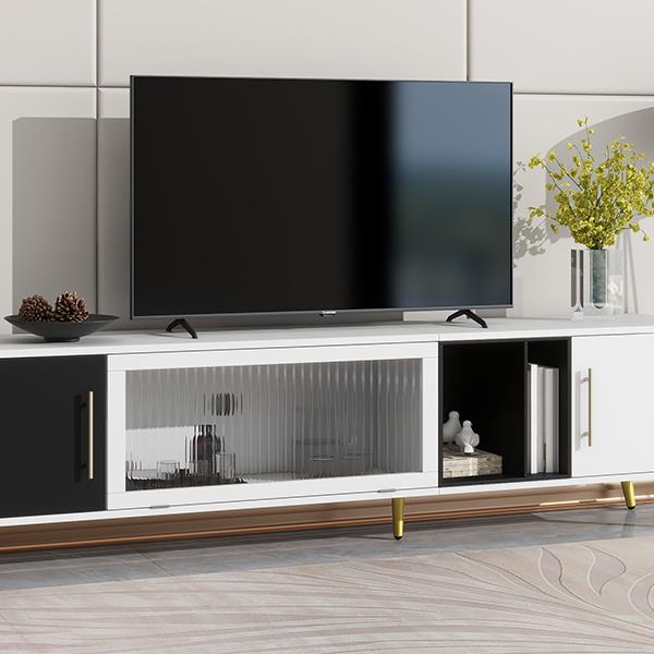 Stylish TV Stand with Golden Metal Handles&Legs, Two-tone Media Console for TVs Up to 80", Fluted Glass Door TV Cabinet with Removable Compartment for Living Room, White