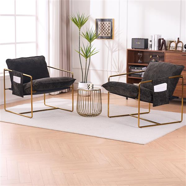 2 Sets 1 Case, Upholstered Hanging Armchair with Arm PocketsMetal frame, gold-plated craftsmanship, crushed foam cushions and skin-friendly woven fabric for living room and bedroom. Dark Gray